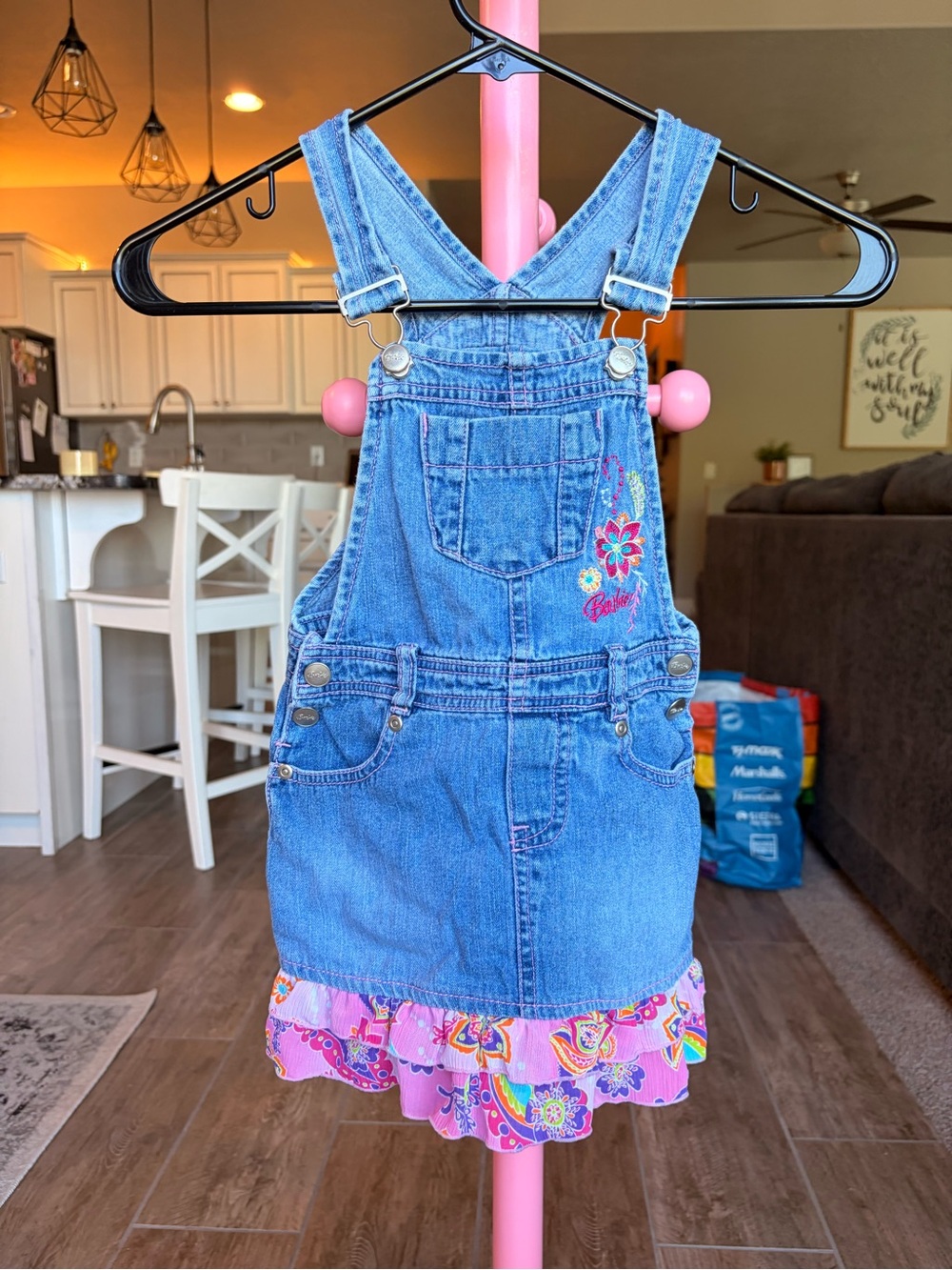 Vintage Barbie Girls Blue Denim Overall Dress with Pink Floral Trim